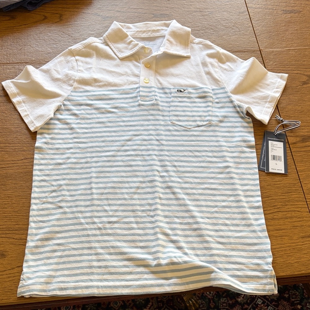 Vineyard Vines White and Light Blue Striped Short Sleeve Polo